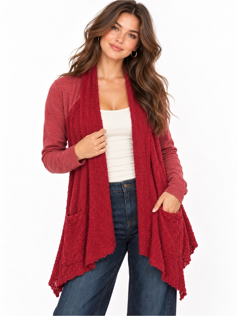Lucky Lotus Lucky Brand M Red Textured Open Front Cardigan Pockets Bohemian